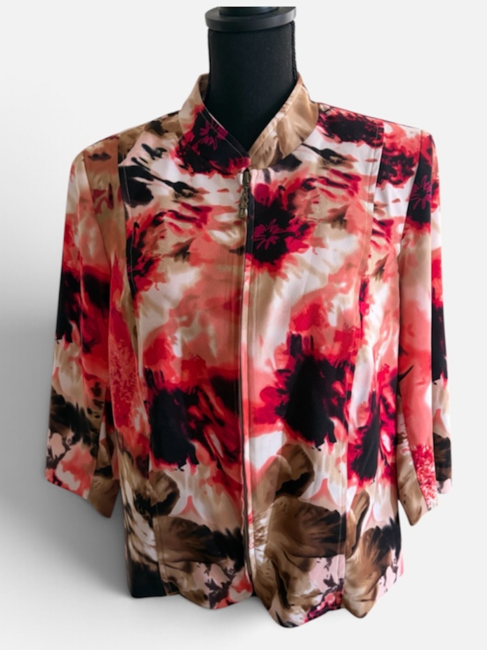 CJ Banks Multicolor Floral Zip-Front Blazer - Red, Black & Tan